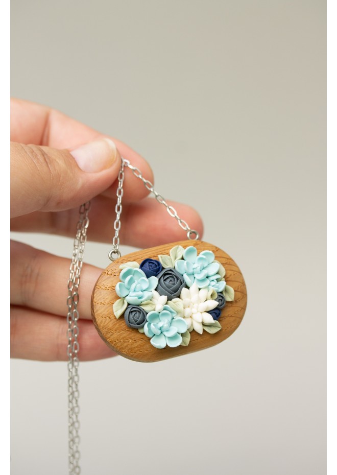 Succulent Necklace With Wooden Pendant