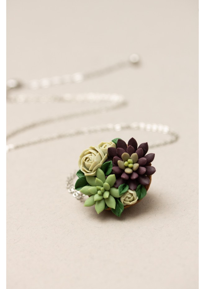 Green and Dark Violet Succulent Nutshell Necklace