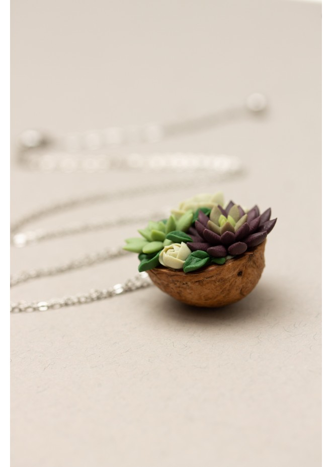 Green and Dark Violet Succulent Nutshell Necklace