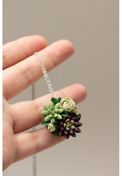 Green and Dark Violet Succulent Nutshell Necklace
