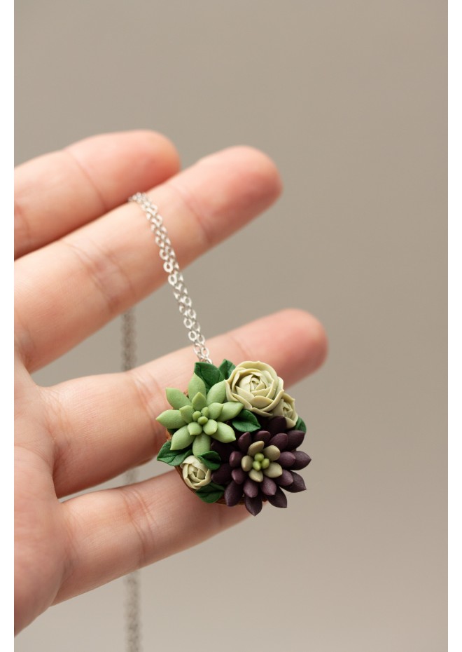 Green and Dark Violet Succulent Nutshell Necklace
