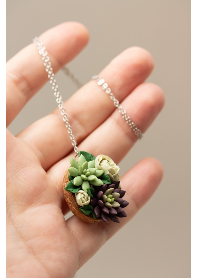 Green and Dark Violet Succulent Nutshell Necklace