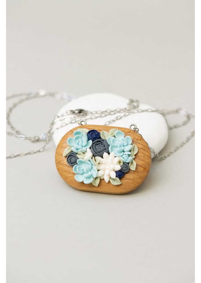 Succulent Necklace With Wooden Pendant