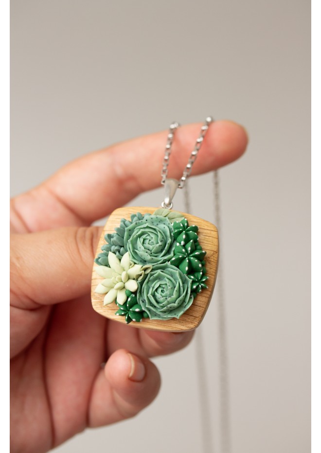 Succulent Necklace With Wooden Pendant