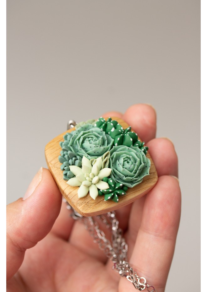 Succulent Necklace With Wooden Pendant