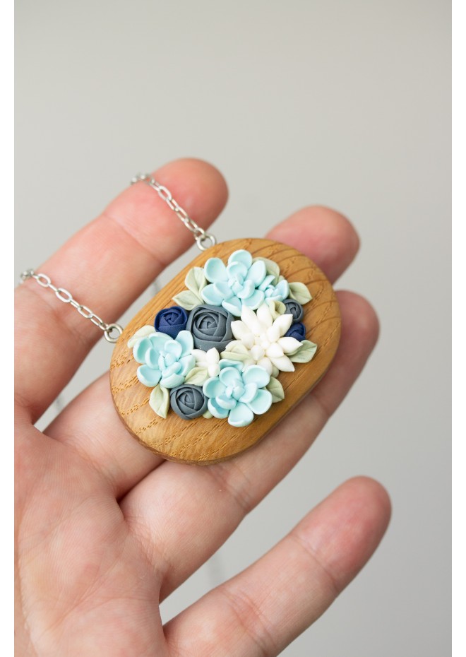 Succulent Necklace With Wooden Pendant