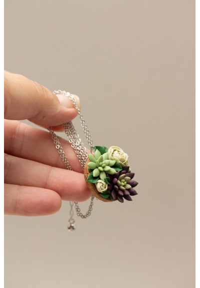 Green and Dark Violet Succulent Nutshell Necklace