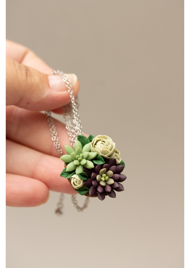 Green and Dark Violet Succulent Nutshell Necklace