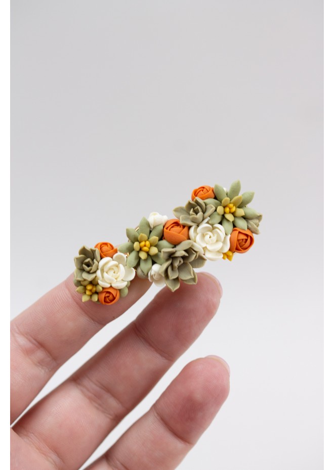 Orange, Green, and Beige Succulent Hair Pin