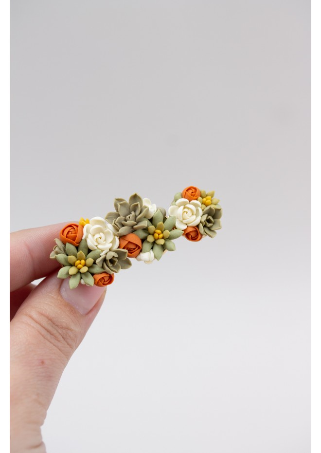 Orange, Green, and Beige Succulent Hair Pin