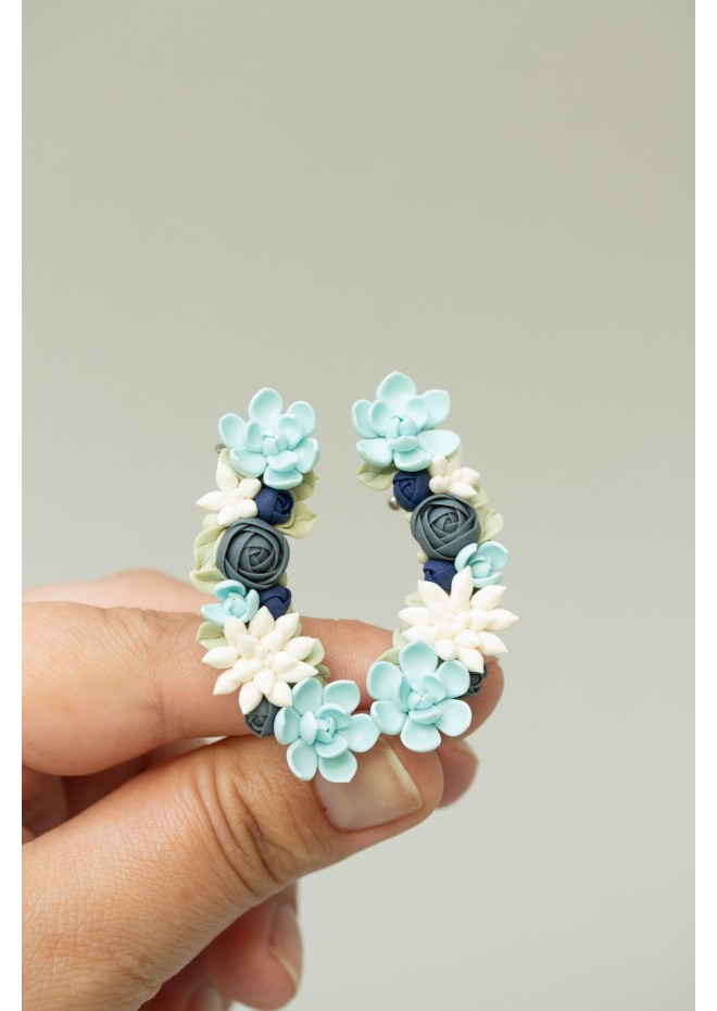 Green, Blue, and White Succulent Cuff Earring