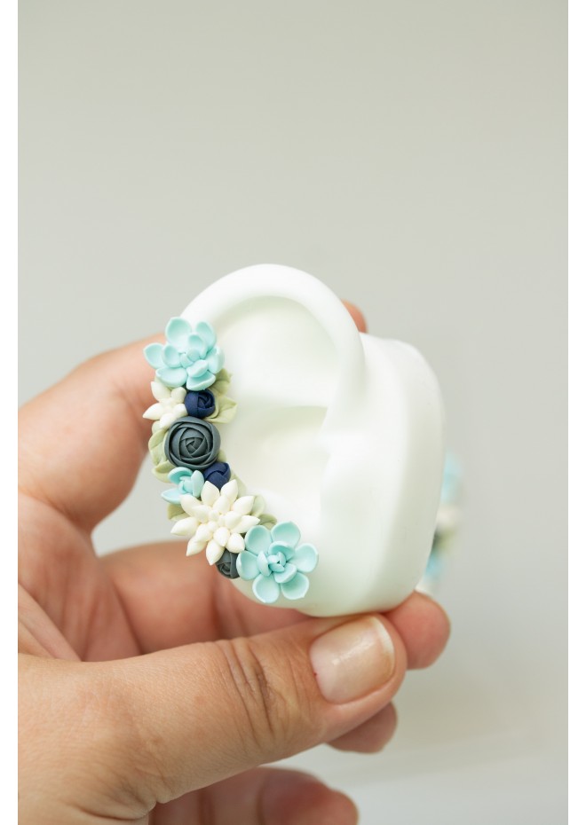 Green, Blue, and White Succulent Cuff Earring