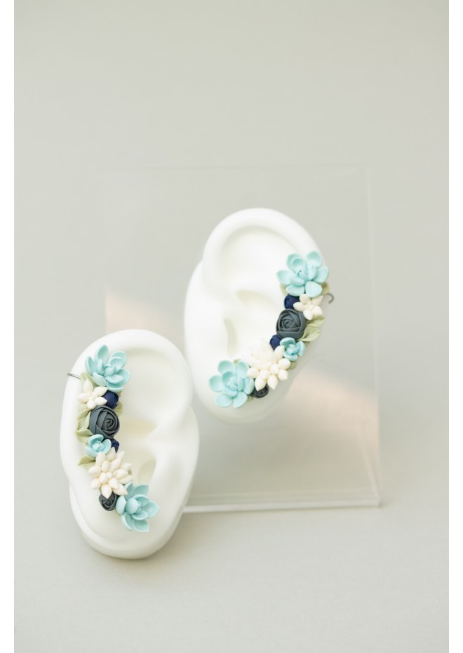 Green, Blue, and White Succulent Cuff Earring