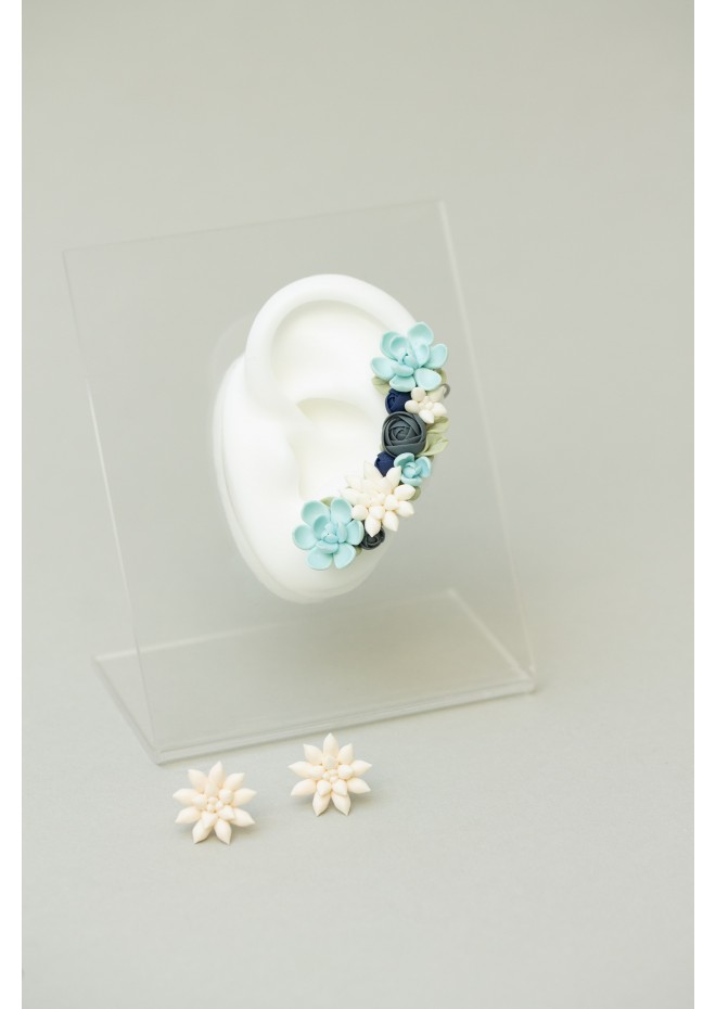 Green, Blue, and White Succulent Cuff Earring