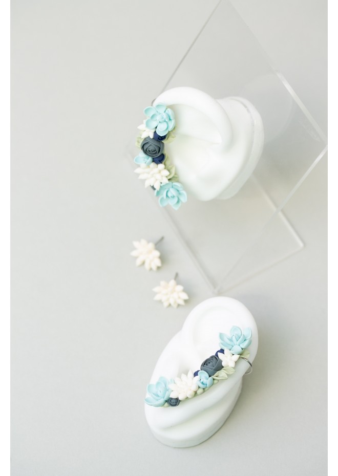 Green, Blue, and White Succulent Cuff Earring