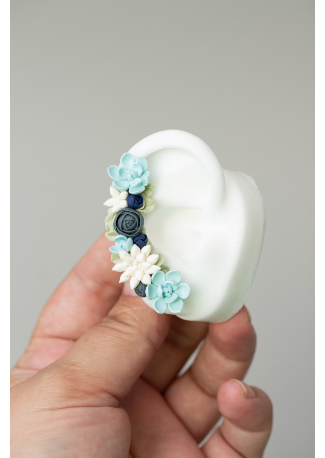 Green, Blue, and White Succulent Cuff Earring