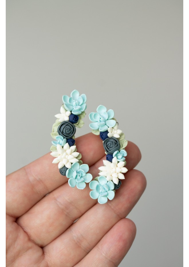 Green, Blue, and White Succulent Cuff Earring