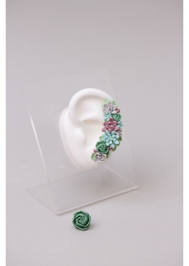 Green and Blue Succulent Cuff Earring