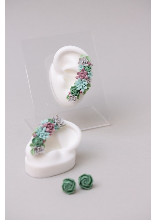 Green and Blue Succulent Cuff Earring