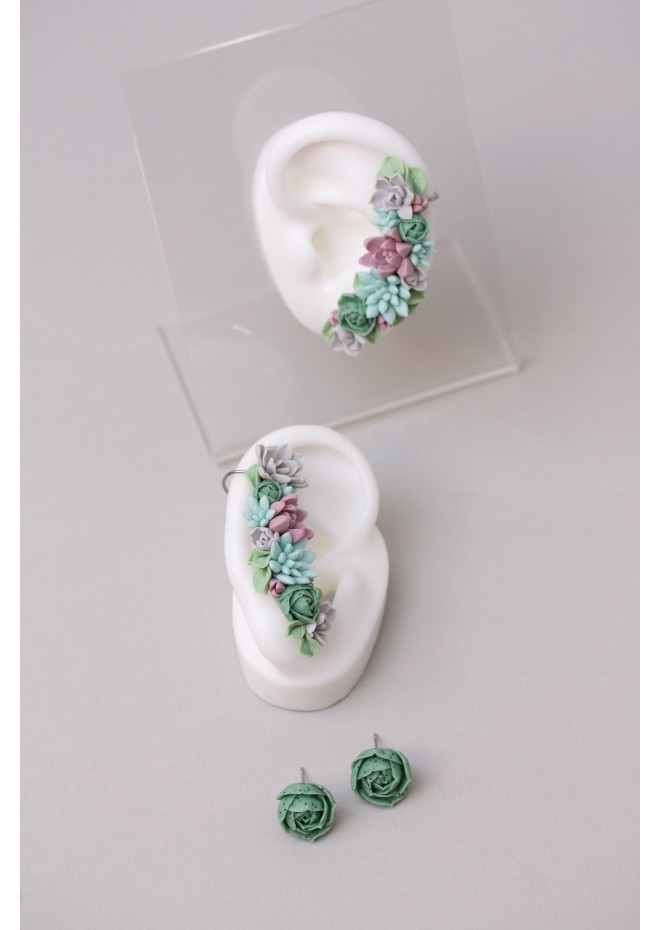 Green and Blue Succulent Cuff Earring