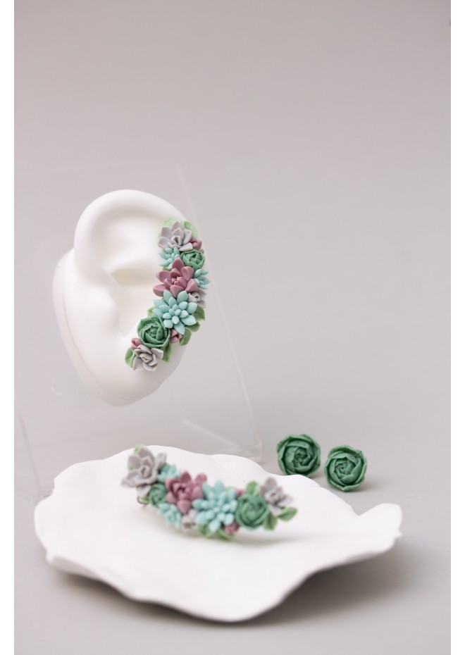 Green and Blue Succulent Cuff Earring