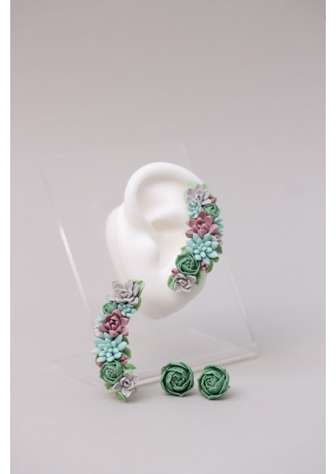 Green and Blue Succulent Cuff Earring