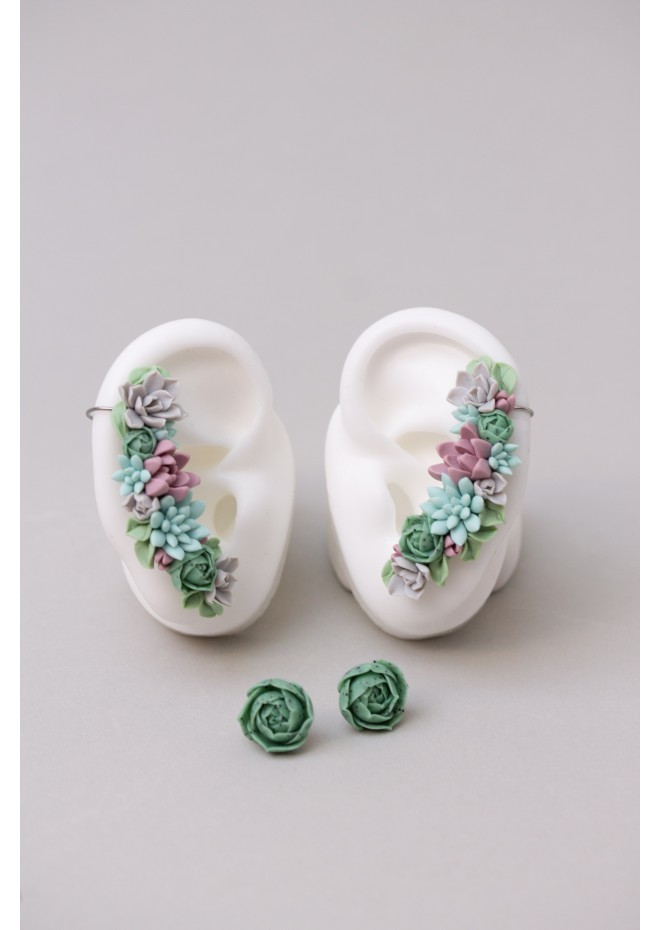 Green and Blue Succulent Cuff Earring