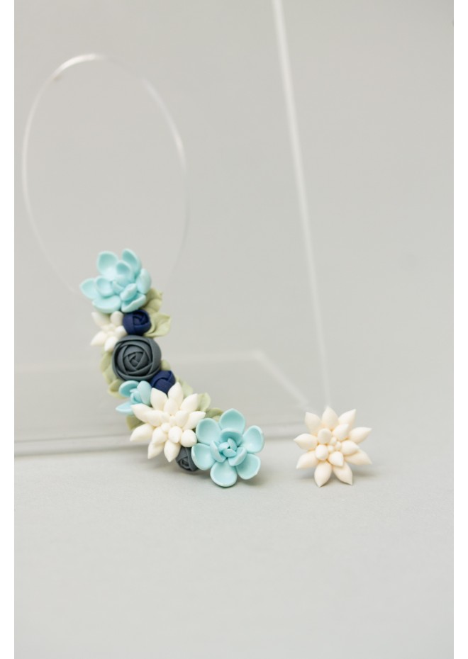Green, Blue, and White Succulent Cuff Earring