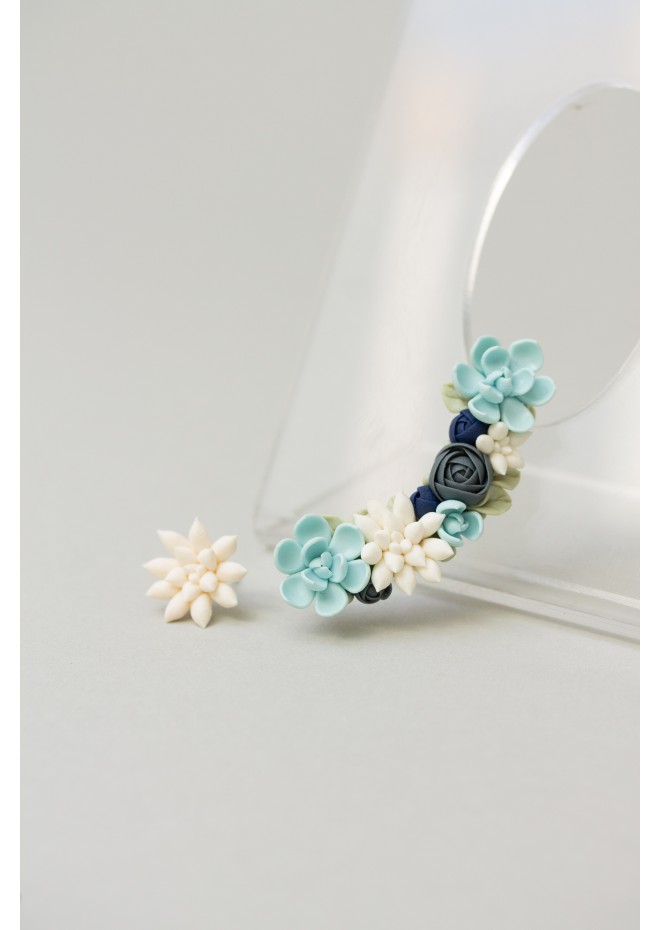 Green, Blue, and White Succulent Cuff Earring