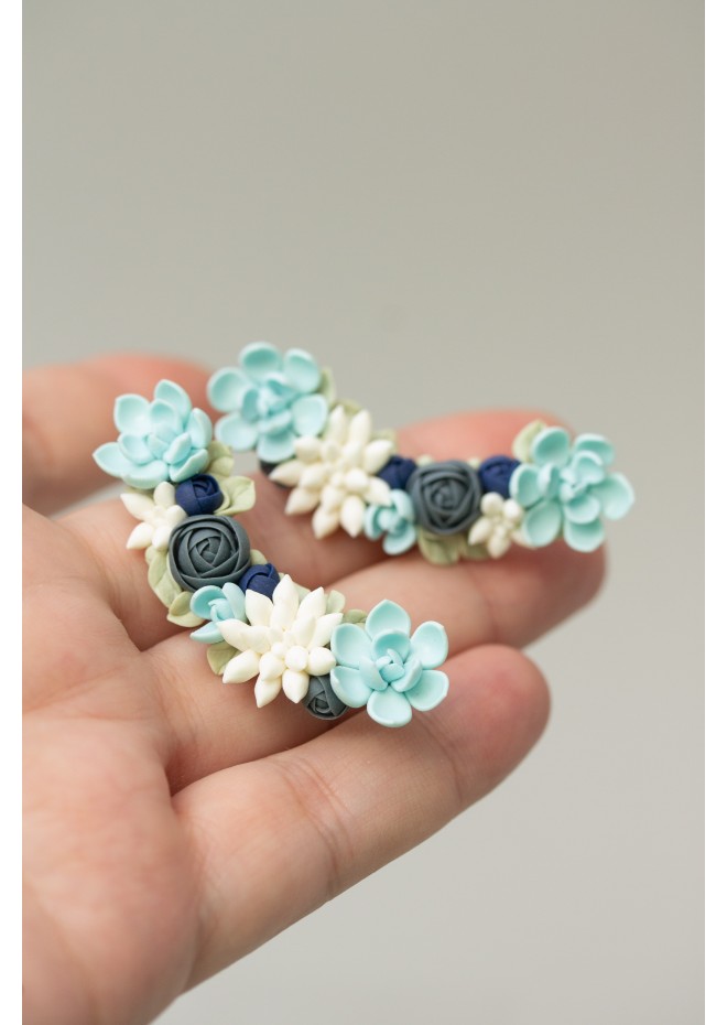 Green, Blue, and White Succulent Cuff Earring