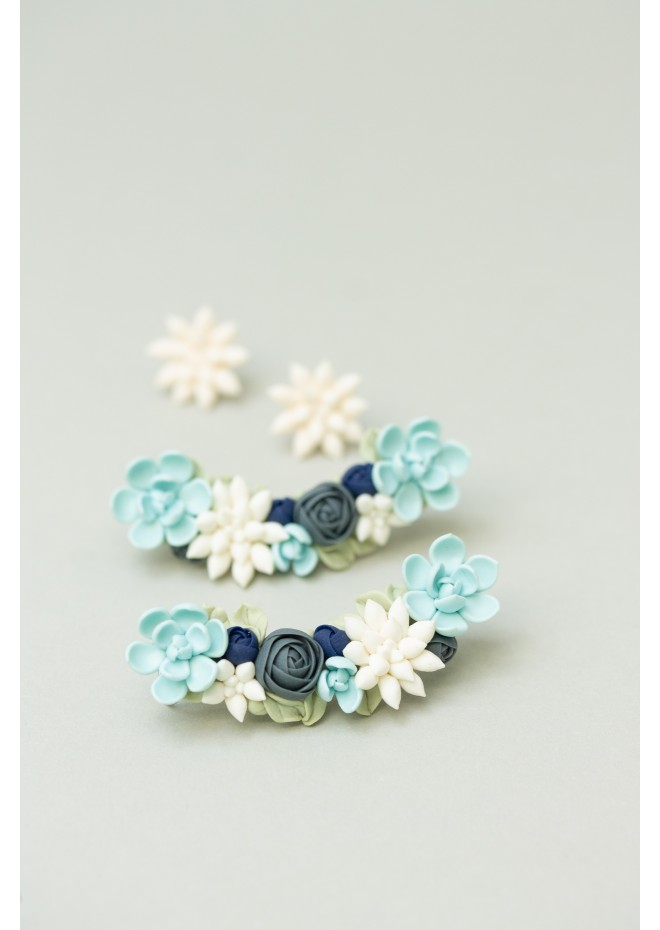 Green, Blue, and White Succulent Cuff Earring