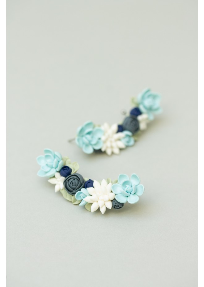 Green, Blue, and White Succulent Cuff Earring