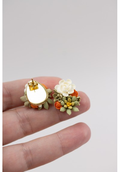 Green, Orange, and Beige Succulent Stud Earrings