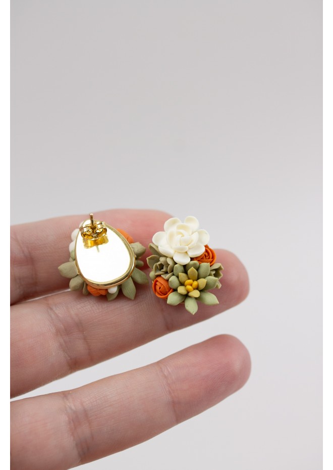 Green, Orange, and Beige Succulent Stud Earrings