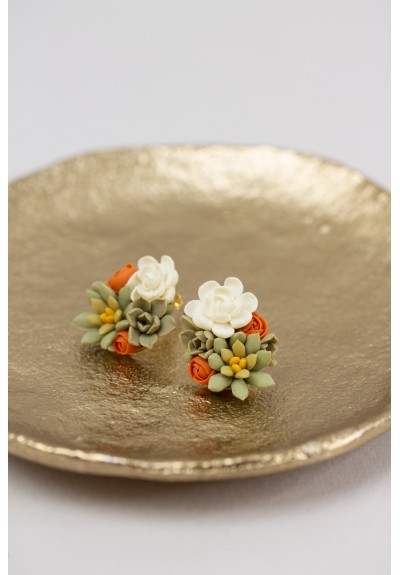 Green, Orange, and Beige Succulent Stud Earrings