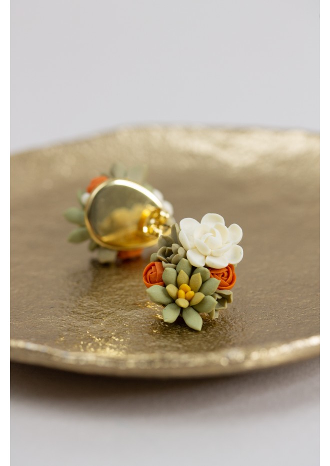 Green, Orange, and Beige Succulent Stud Earrings