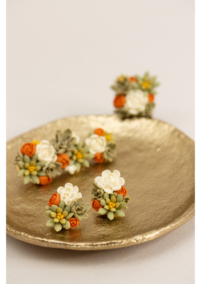 Green, Orange, and Beige Succulent Stud Earrings