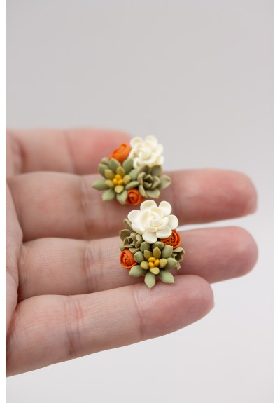 Green, Orange, and Beige Succulent Stud Earrings