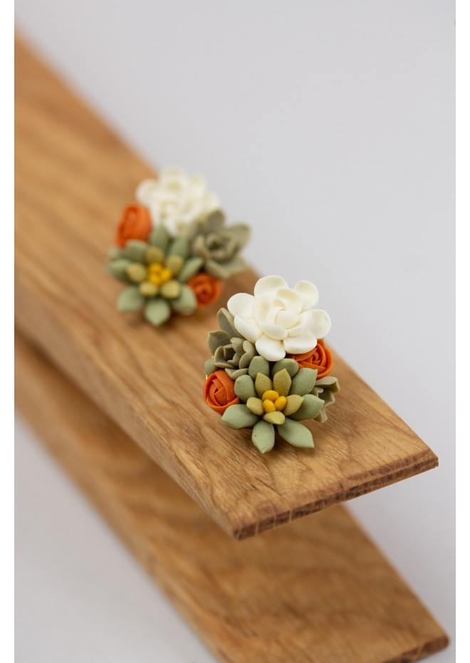 Green, Orange, and Beige Succulent Stud Earrings