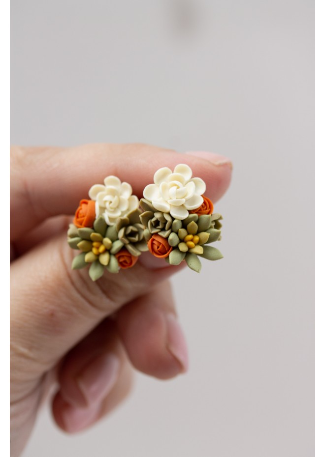 Green, Orange, and Beige Succulent Stud Earrings