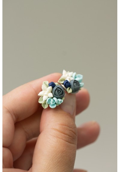 Blue, Beige, and Green Succulent Stud Earrings