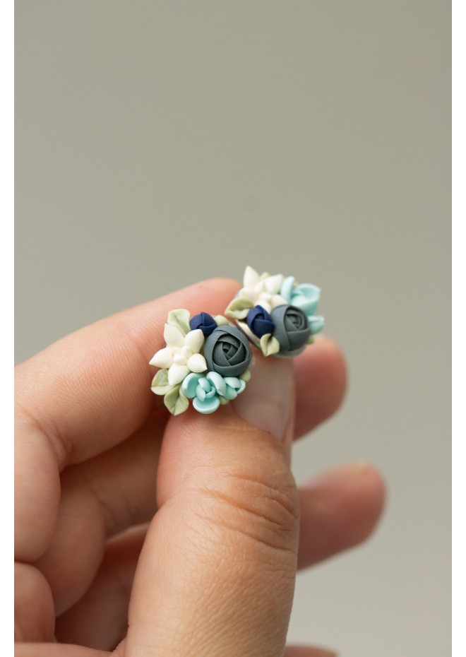 Blue, Beige, and Green Succulent Stud Earrings