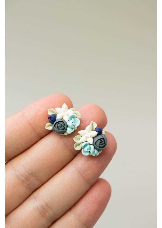 Blue, Beige, and Green Succulent Stud Earrings