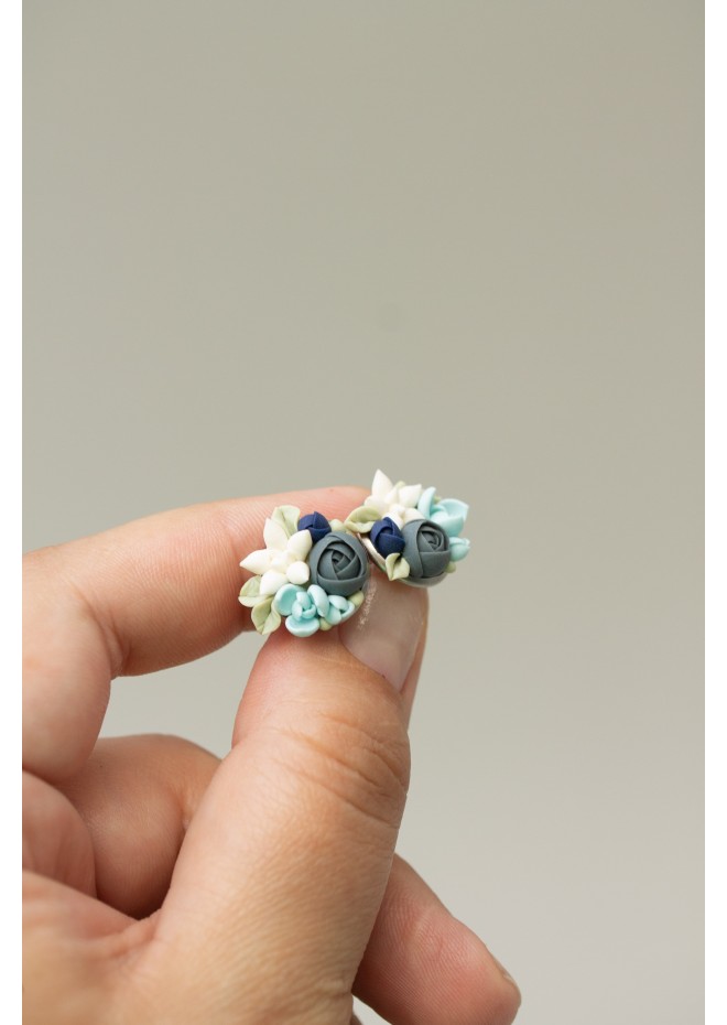 Blue, Beige, and Green Succulent Stud Earrings