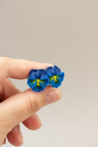 Handmade Blue Pansy Clip-On Earrings for Sensitive Ears | Polymer Clay Flower Jewelry