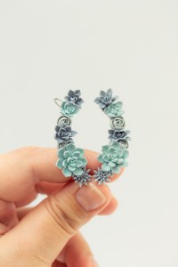 Blue Succulent Ear Cuff Earrings with Studs – Handmade Polymer Clay Jewelry, Hypoallergenic Stainless Steel, Unique Gift for Women
