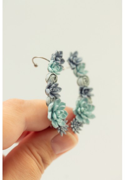Blue Succulent Ear Cuff Earrings with Studs – Handmade Polymer Clay Jewelry, Hypoallergenic Stainless Steel, Unique Gift for Women