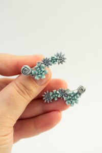 Handmade Blue Succulent Ear Cuffs for Pierced Ears – Hypoallergenic Stainless Steel Base – Polymer Clay Earrings with Matching Studs