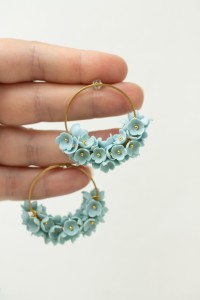 Light Blue Floral Hoop Earrings – Handmade & Lightweight