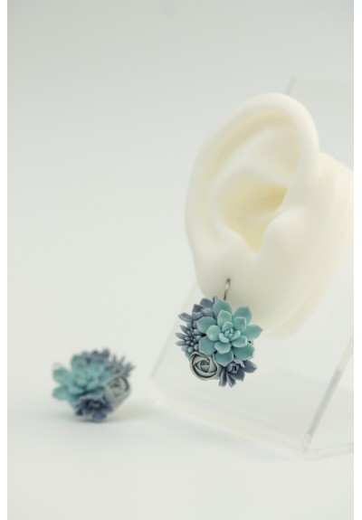 Handmade Dangling Succulent Bouquet Earrings – Blue Polymer Clay